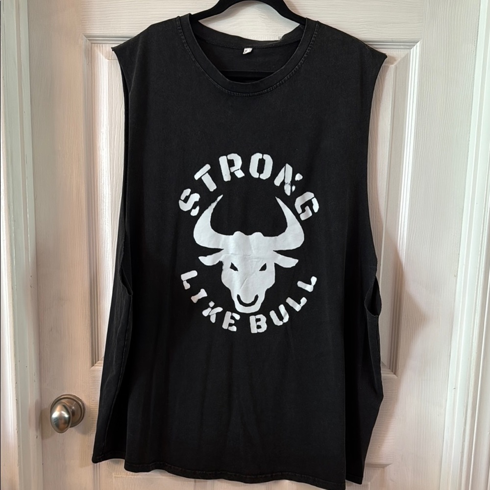 Black Sleeveless 'Strong Like Bull' Graphic Tee